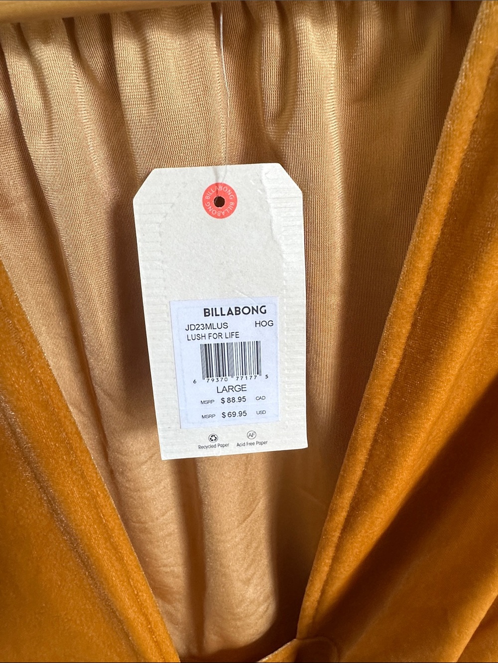 Billabong Orange Mustard Velvet Lush For Life Wrap Dress Size L NWTs - Picture 3 of 8